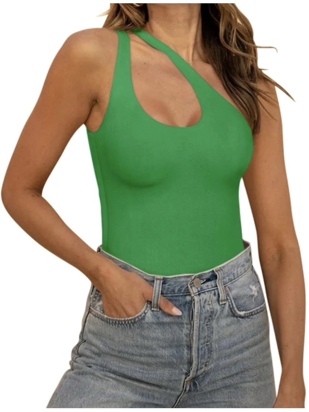 ReoRia Green One-Shoulder Cutout Double Lined Bodysuit